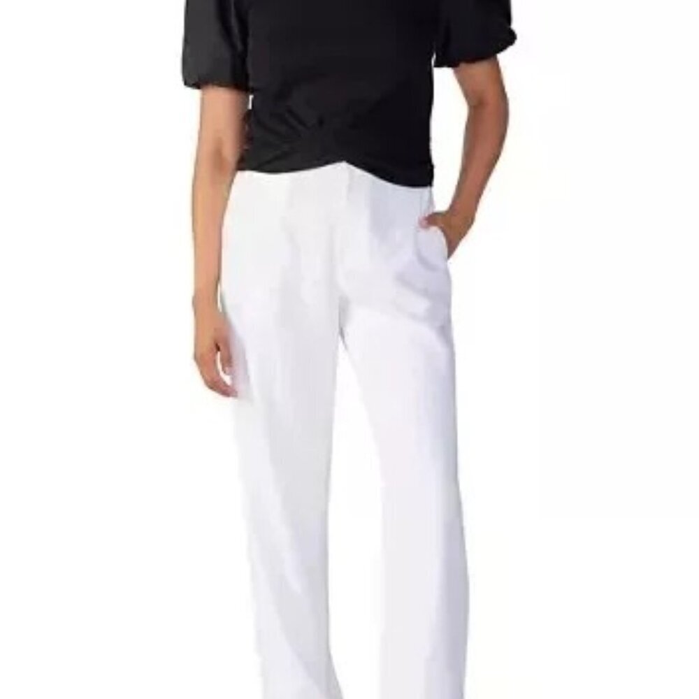 Sanctuary Women's White Flat Front Pockets Straight Leg Linen Trouser Pants Size